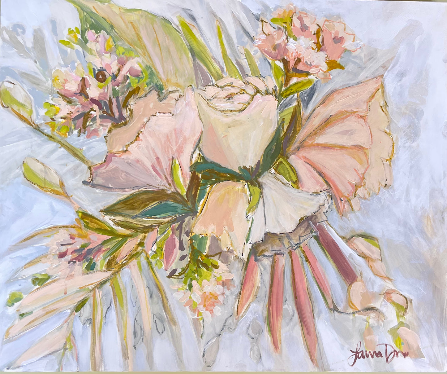 Artistic depiction of a bouquet with pink and green flowers on a textured white background