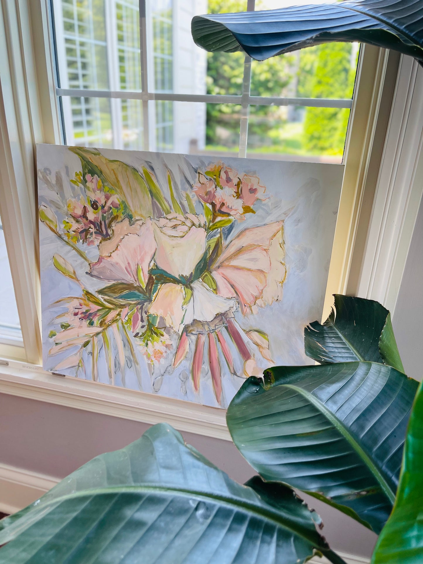 Floral painting neutral colors green palm leaves blush tones