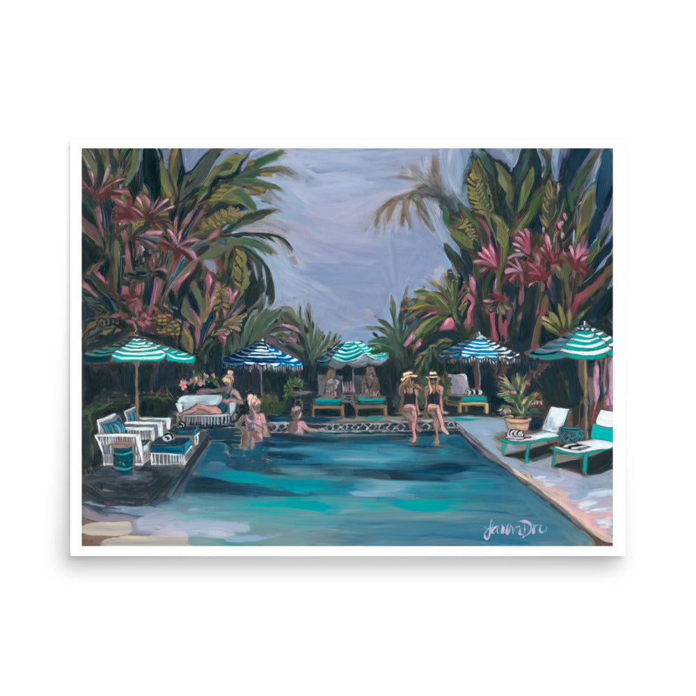 abstract coastal art print with aqua, coral, and light blue tones figurative poolside hotel artwork contemporary