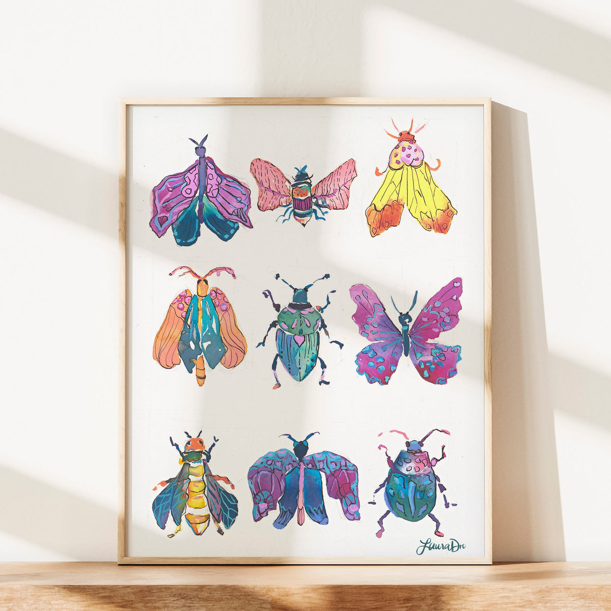 Bugs, insects and butterflies for colorful kids wall art with artist signature