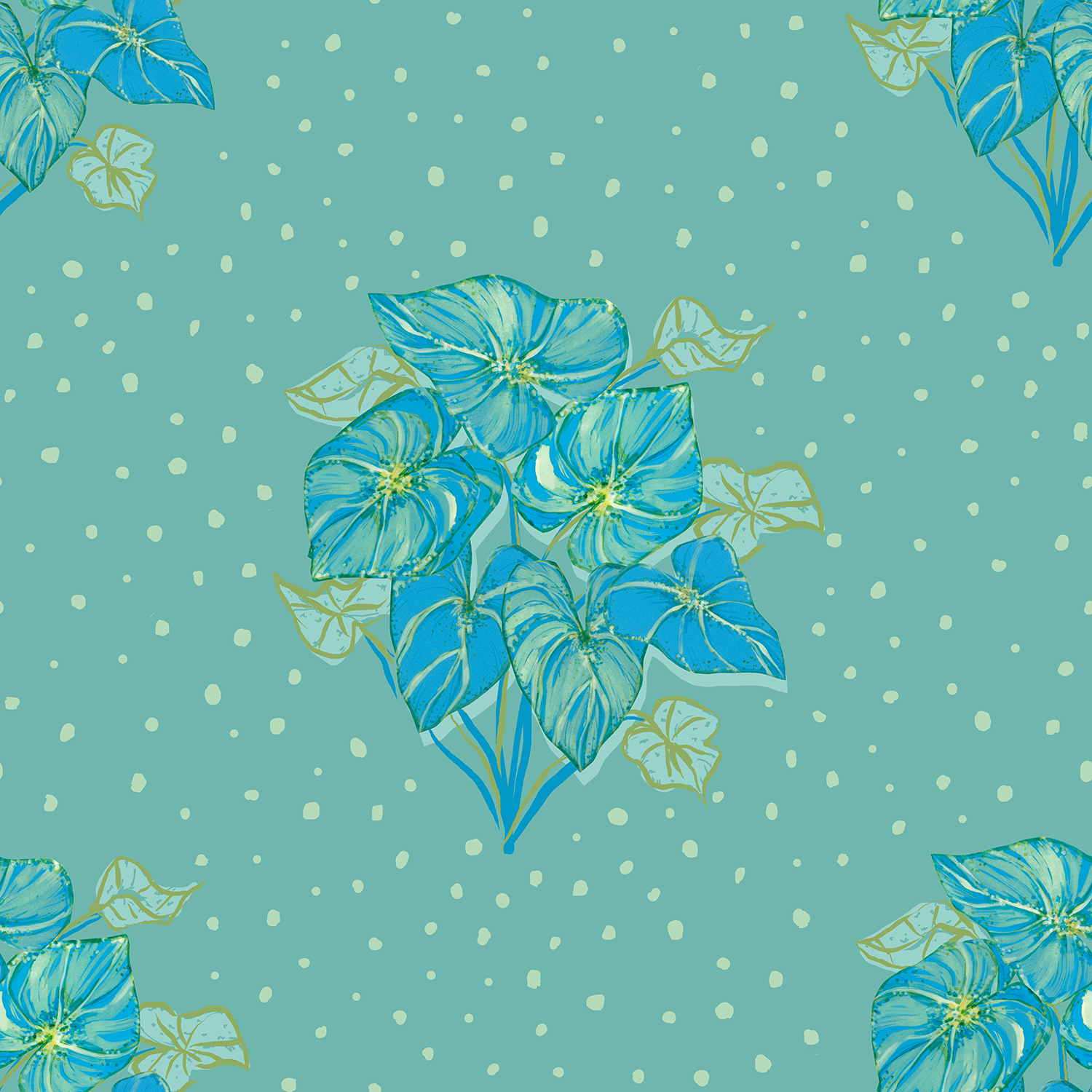 Teal and blue foliage with soft dots for fabric and wallpaper