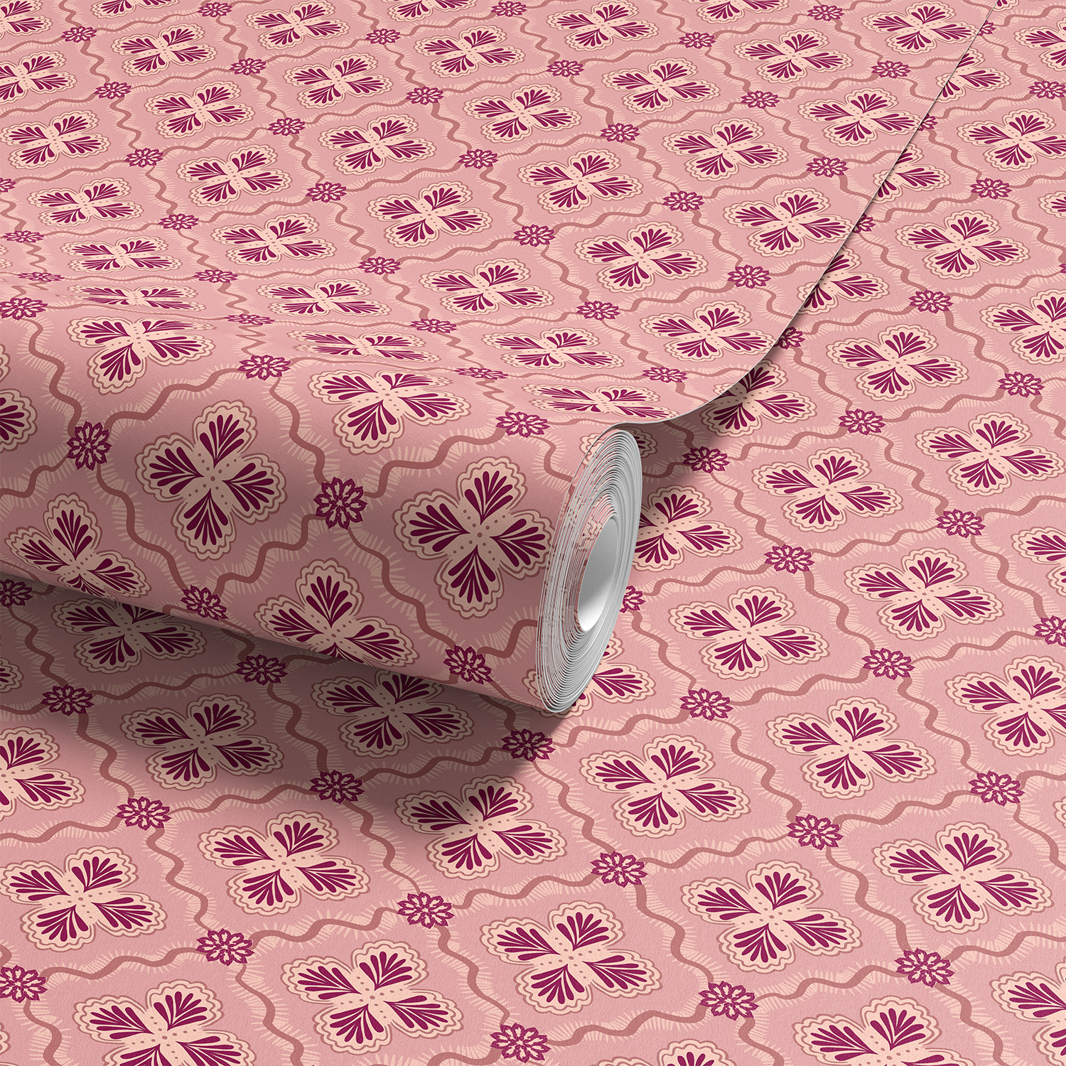 Coral and deep blush medallion geometric patterned wallpaper