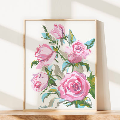 Pink Blush green and teal rose illustration whimsical expressionistic style print for girls nursery or room