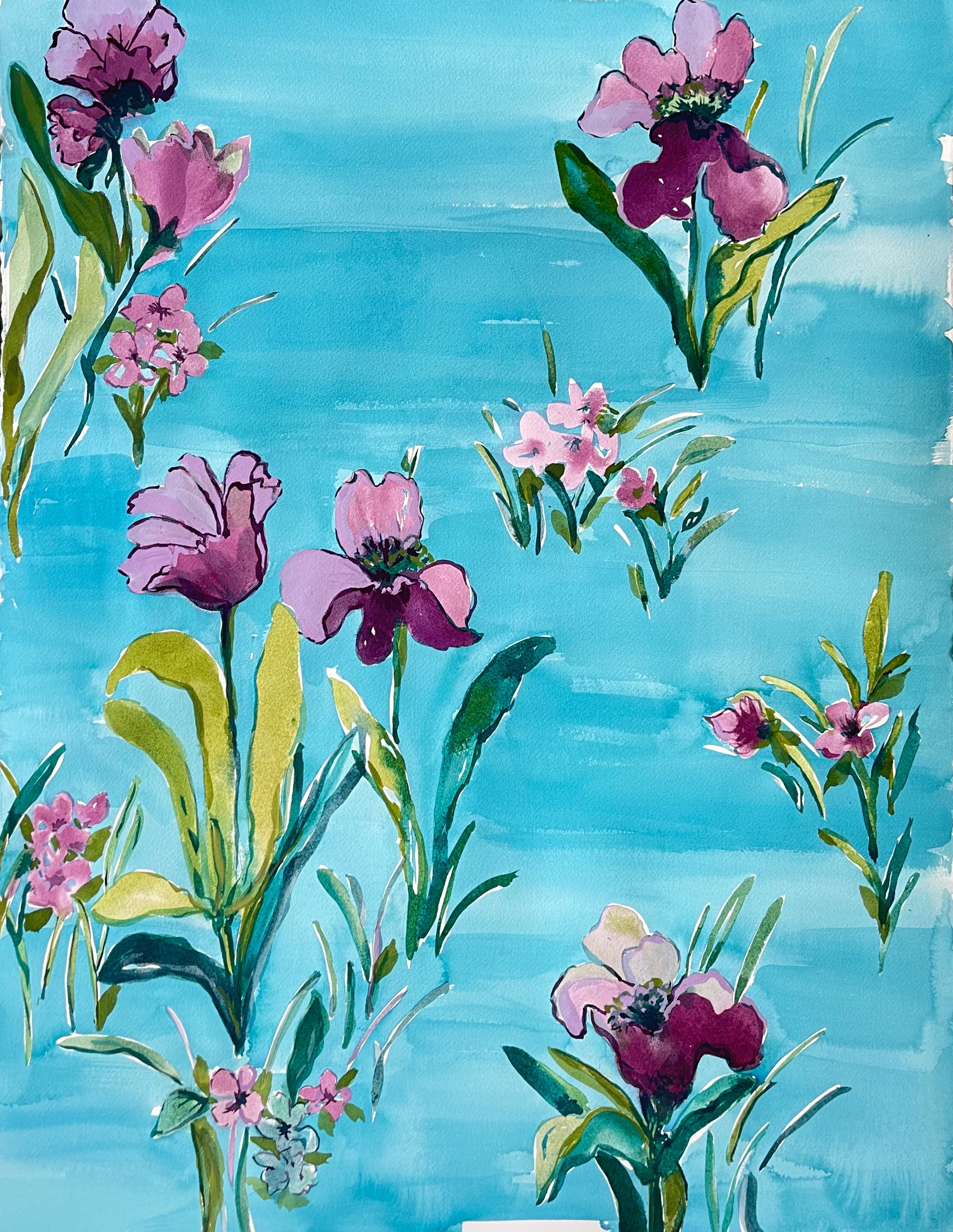 Iris Blooms on Blue Wash