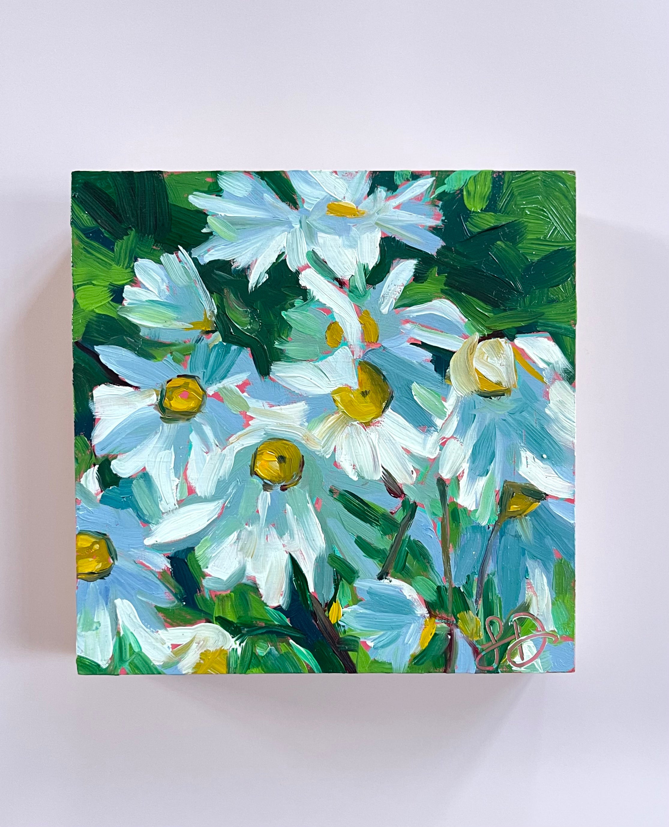 Daisy painting in oils with green and whites
