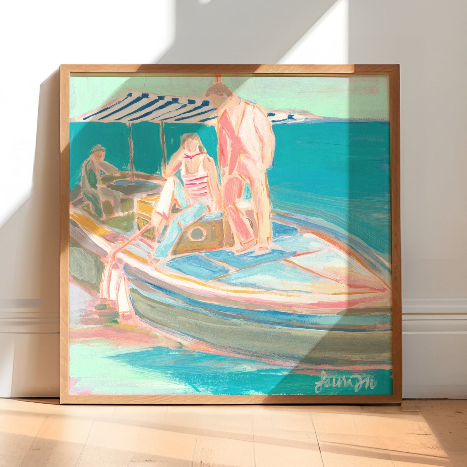 pastel colored figurative artwork on boat on coast of italy blue teals and corals 
