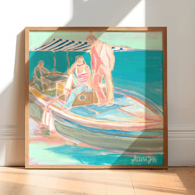 pastel colored figurative artwork on boat on coast of italy blue teals and corals