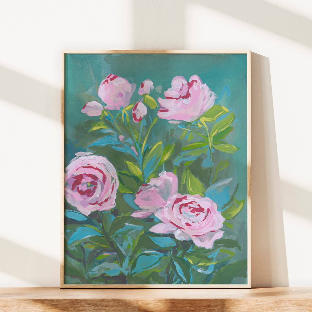 Teal background with Pink and magenta peony flowers botanical artwork print