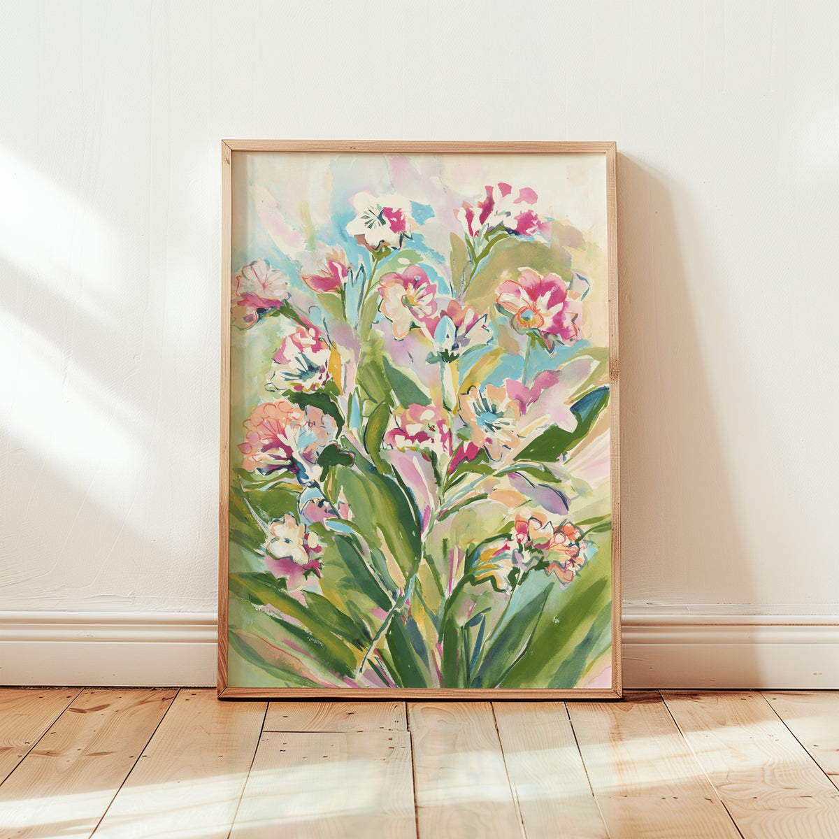 Marshy green palms and floral watercolor artwork print with colorful blossoms and pastel backgrounds