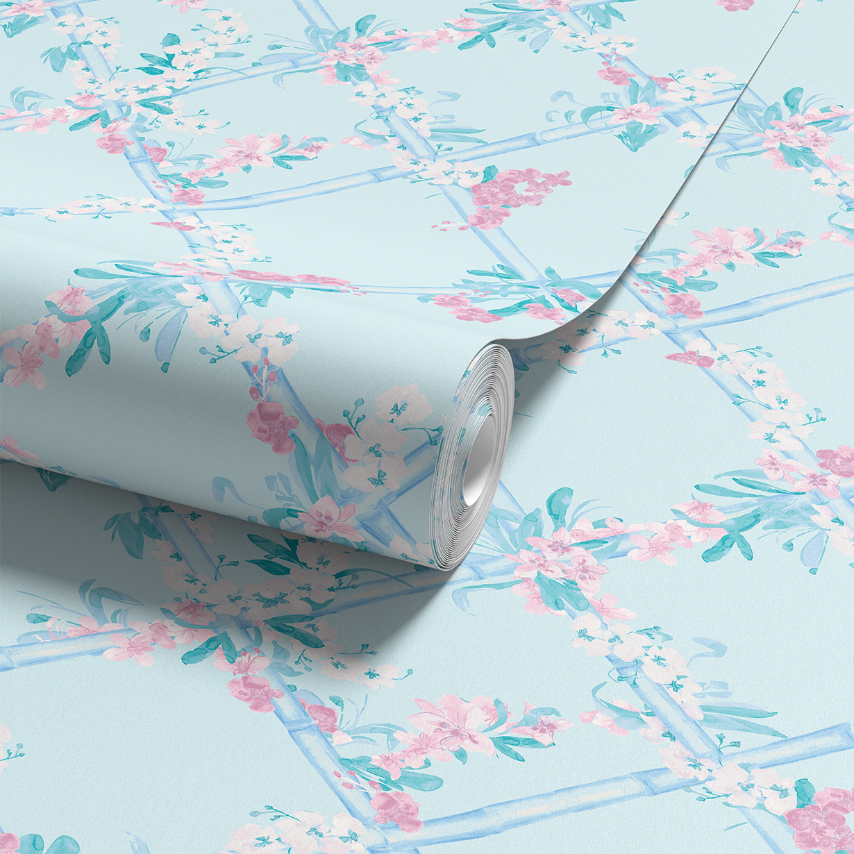 'Orchid Lattice, Powder Blue' Wallpaper