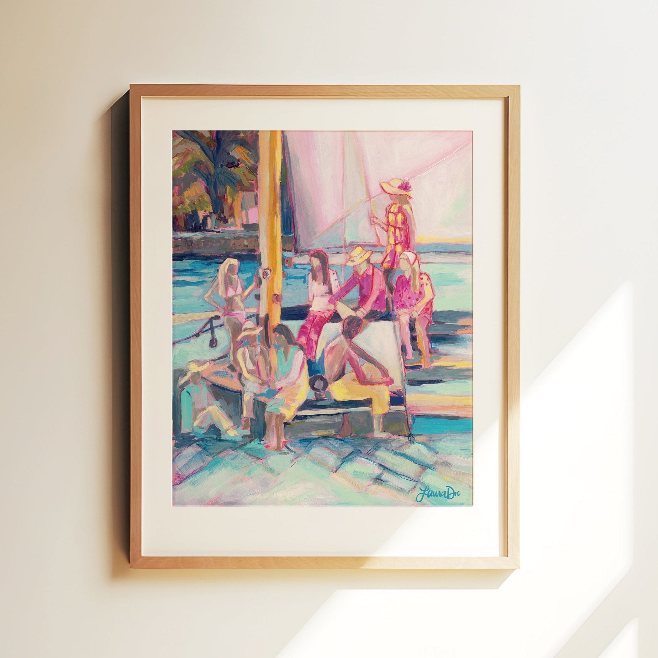 sunset cruise artwork for serene modern coastal home décor Figurative coastal artwork pink blues on a boat gallery wall art for home decor.