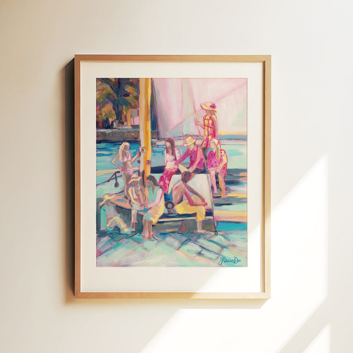 Figurative coastal artwork pink blues on a boat gallery wall art for home decor.