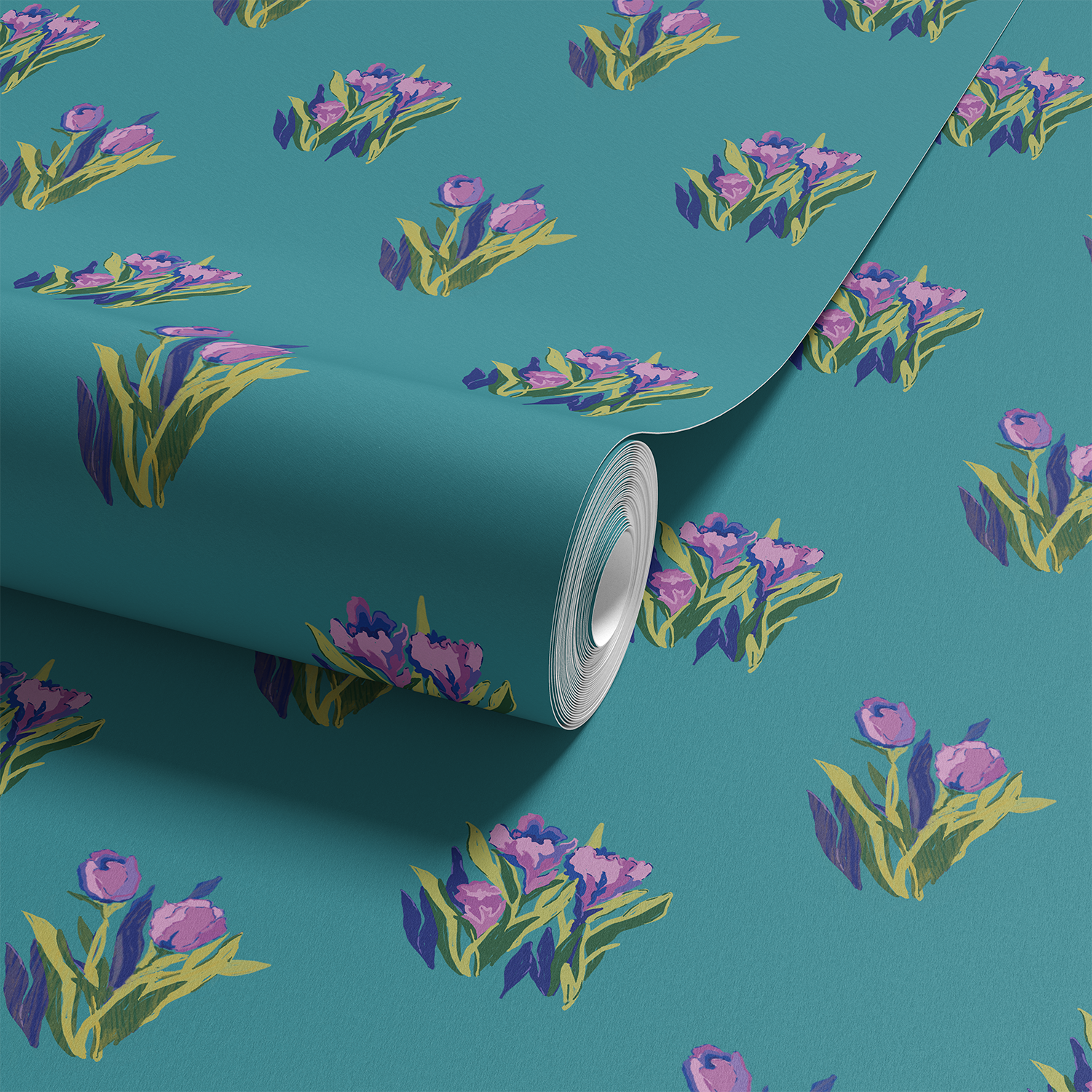 Vintage tulip illustrations in shades of pink with teal background elegant for powder bathroom.