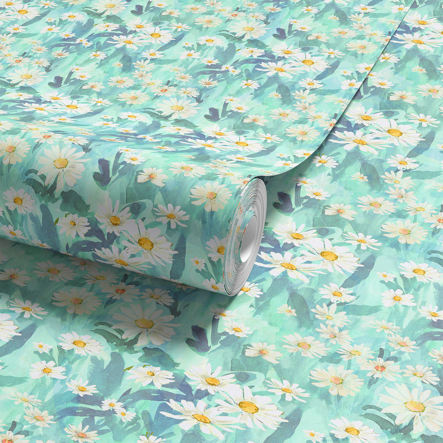 Floral daisy pattern with movement and soft teal blue leaves for kids room.