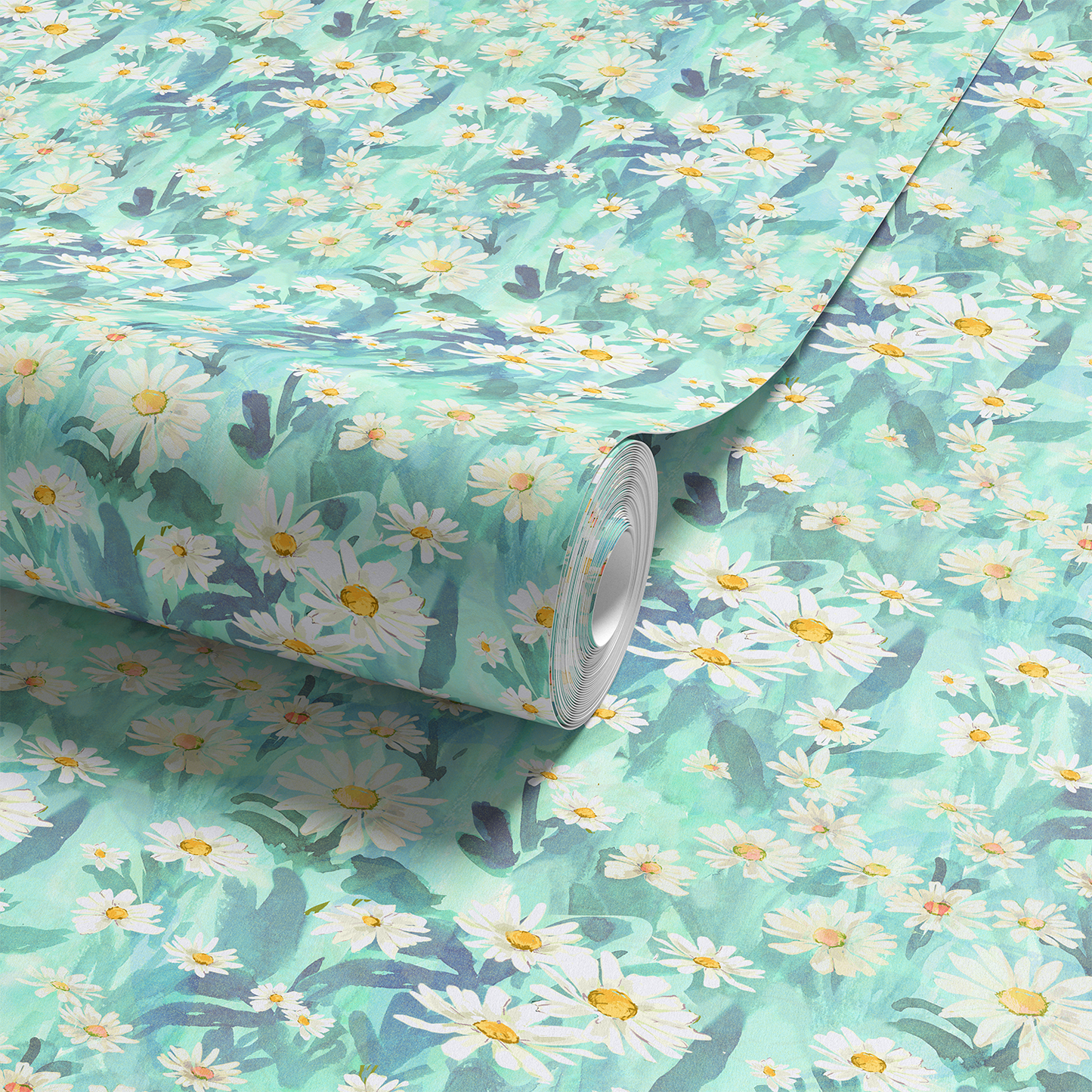 Floral daisy pattern with movement and soft teal blue leaves for kids room.