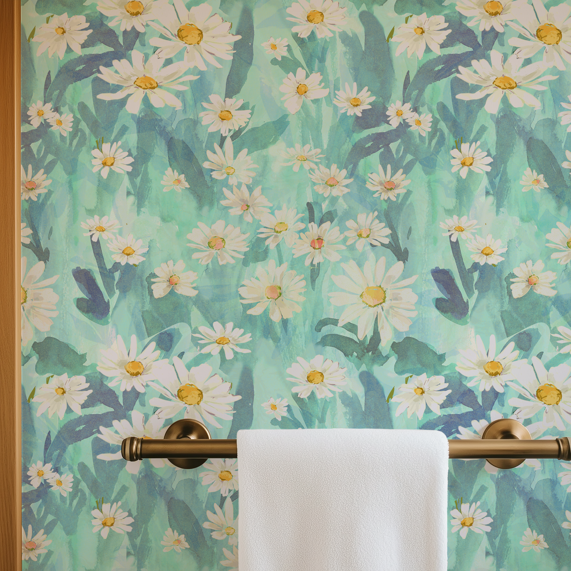 White Daisy pattern with sunny light aqua blues for a bohemian space or bedroom.