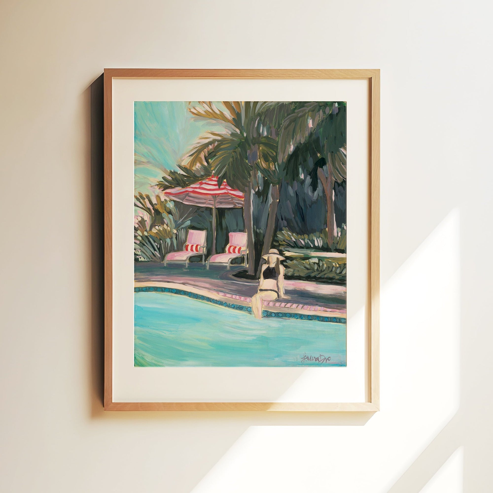 Figurative poolside print with colorful umbrella and palm trees for home decor.