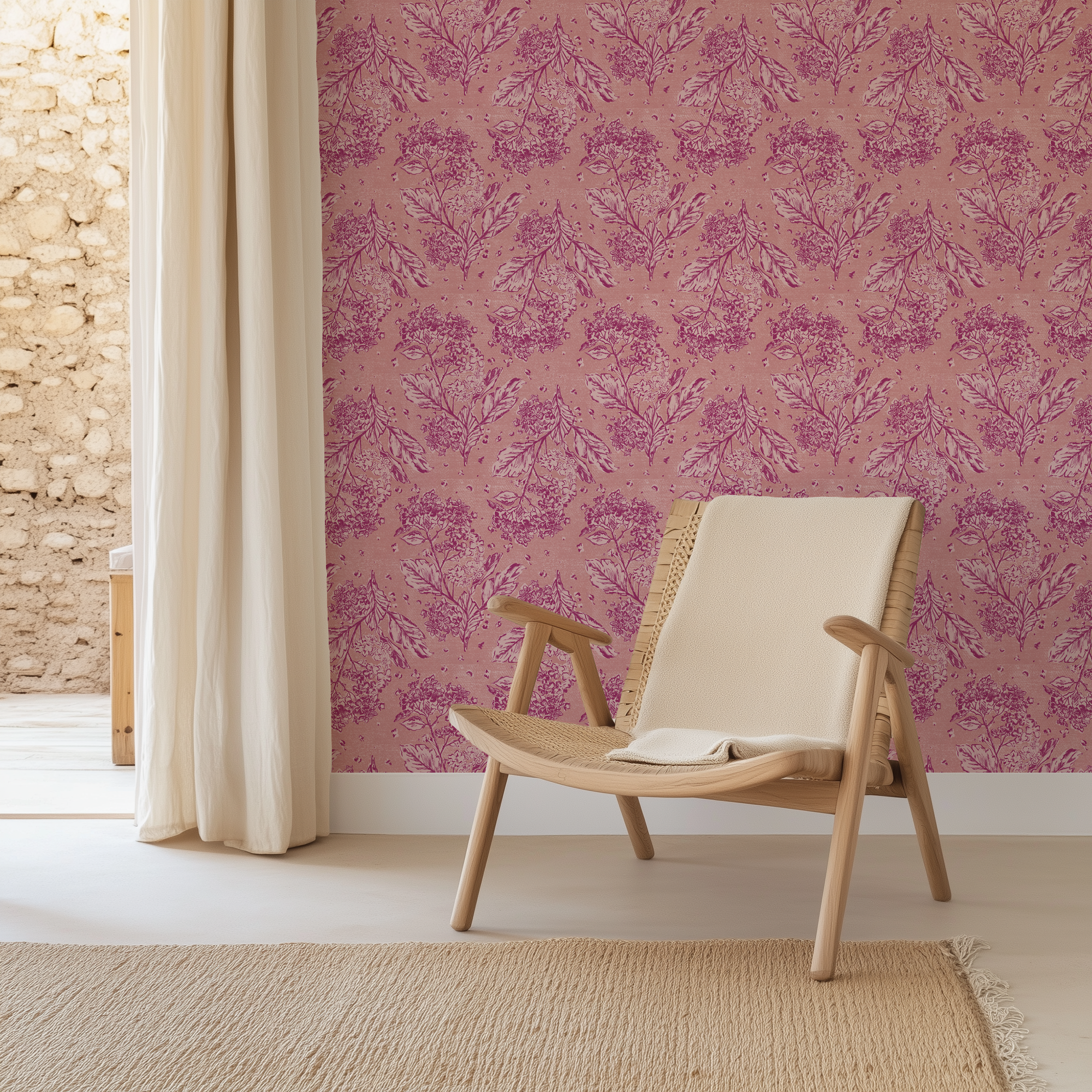 Pink and blush magenta vintage floral designed wallpaper