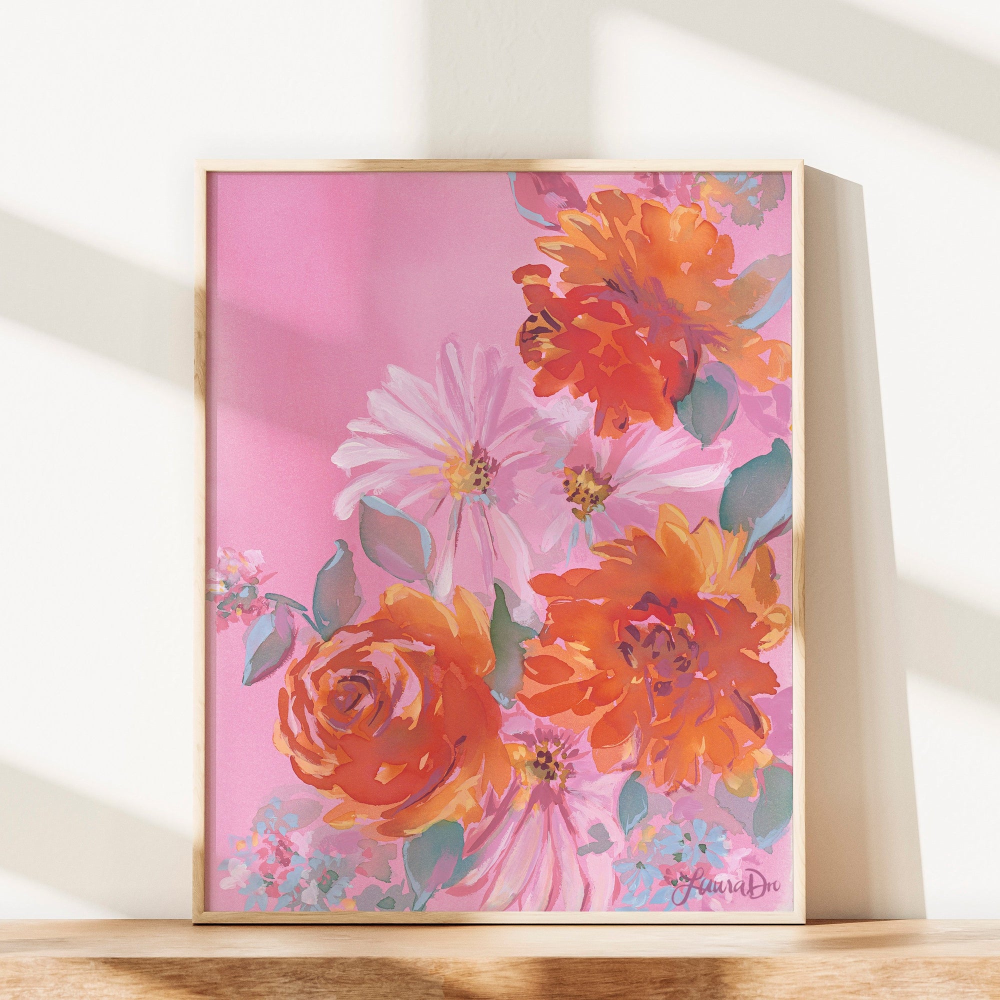 Floral daisy pink watercolor illustration for home decor with artistic expressionistic style 