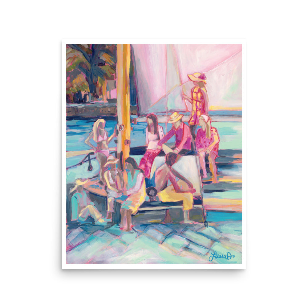 pastel coastal boat art print with blush, peach, and sea blue tones