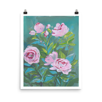 Teal background with Pink and magenta peony flowers botanical artwork print