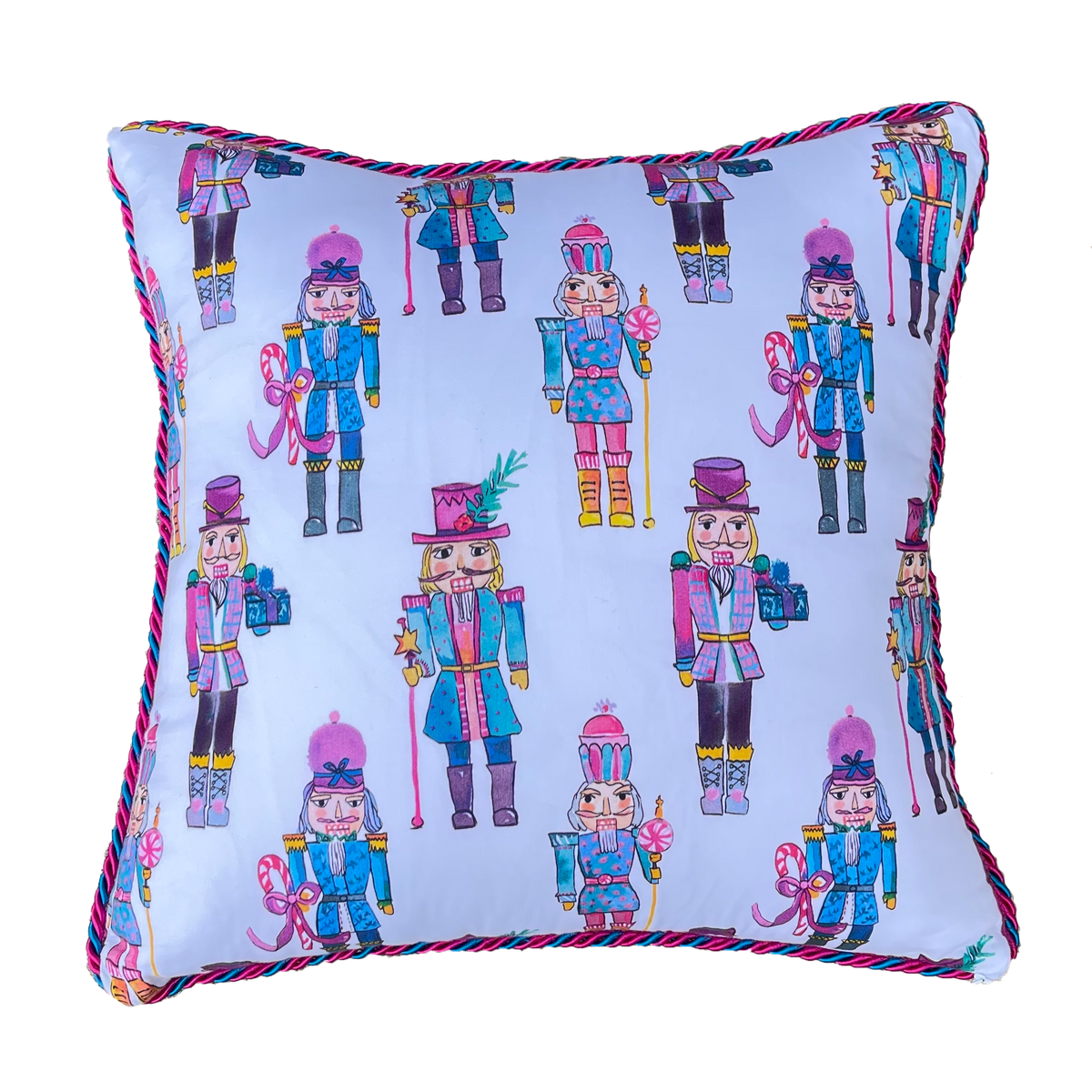 Nutcracker illustration cute christmas pillow with original artwork and pink and navy piping