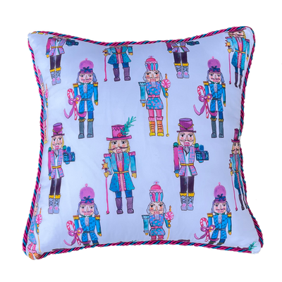 Nutcracker illustration cute christmas pillow with original artwork and pink and navy piping